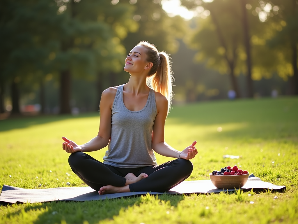 Person practicing yoga with a healthy meal nearby.