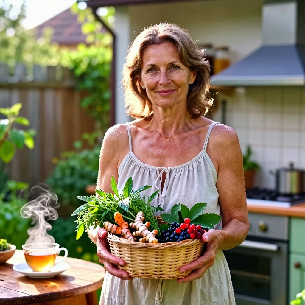 Woman gathering natural remedies in a home garden, representing empowerment through holistic fertility support