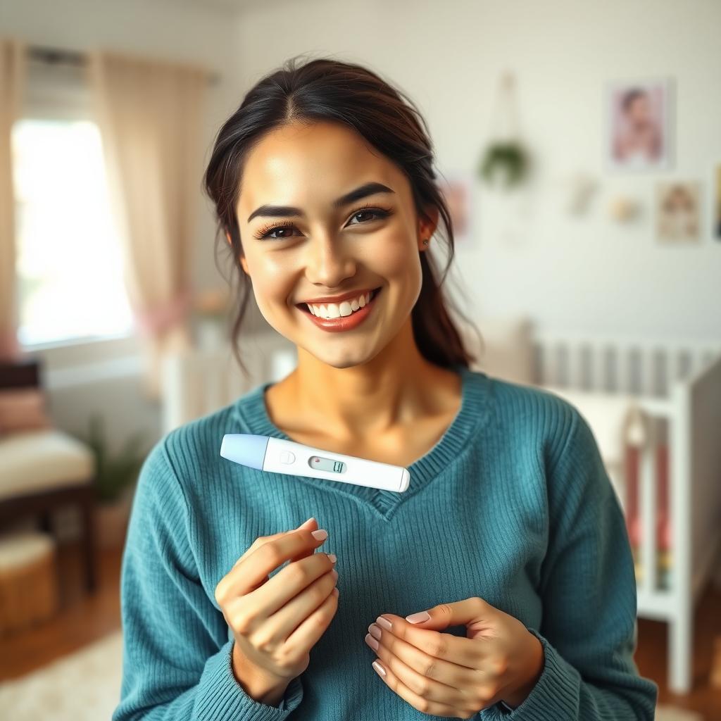Young woman holding a positive pregnancy test in a nursery