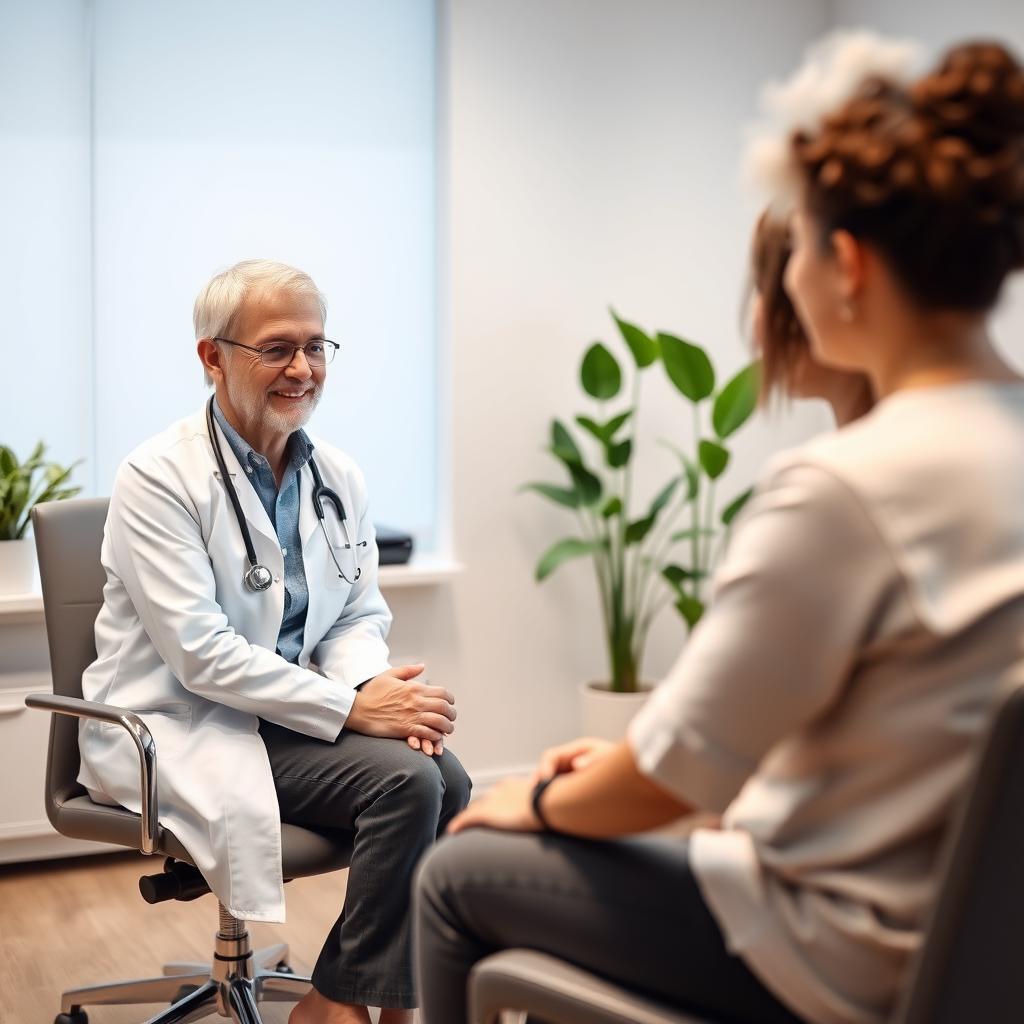 A fertility specialist discusses treatment options with a couple in a modern, welcoming clinic office.