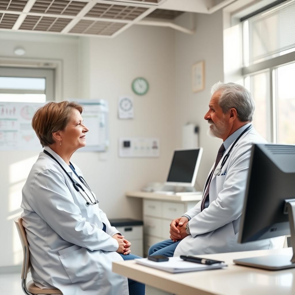 A doctor discussing treatment options with a patient in a modern, bright clinic.