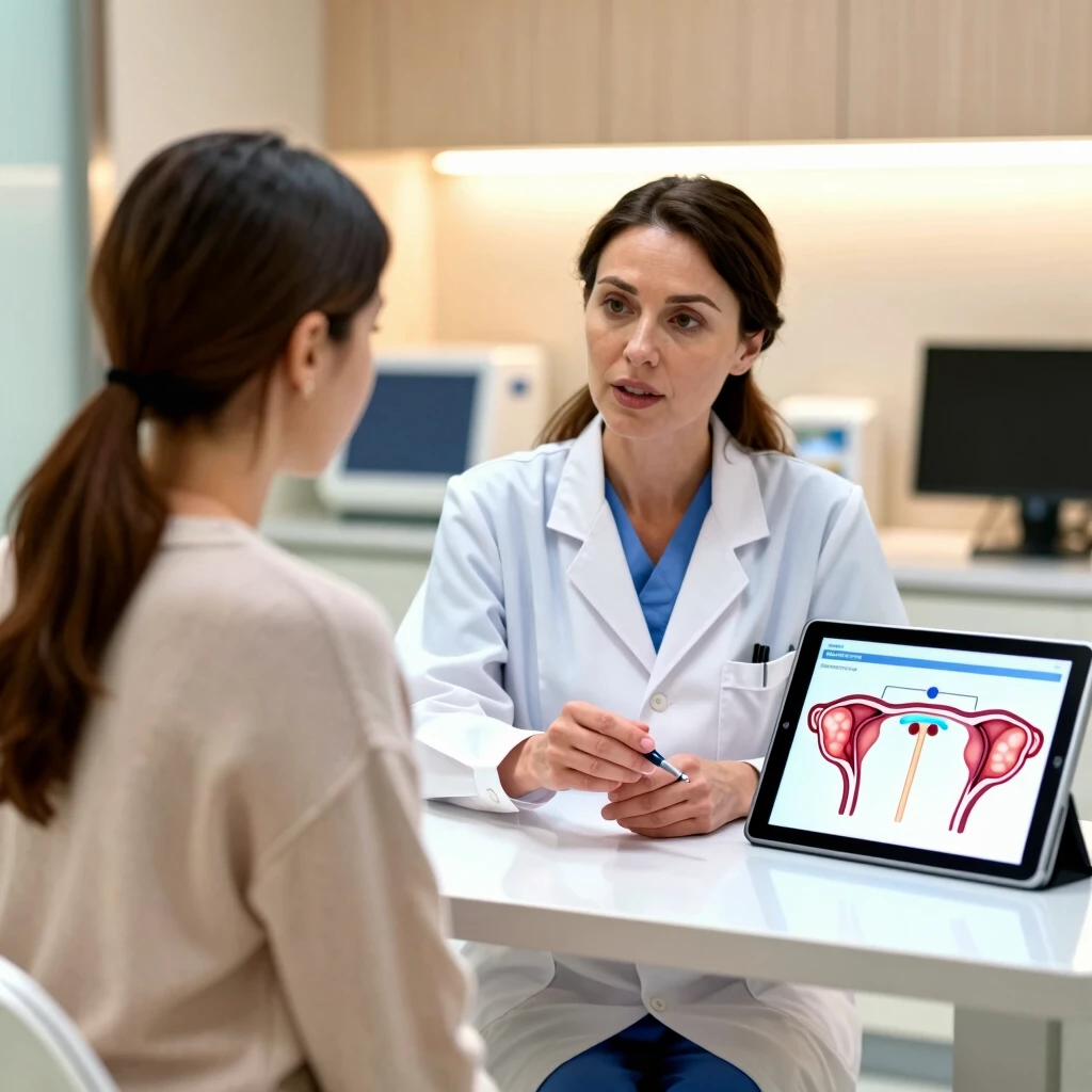 Doctor discussing ovarian tissue cryopreservation with patient in clinic