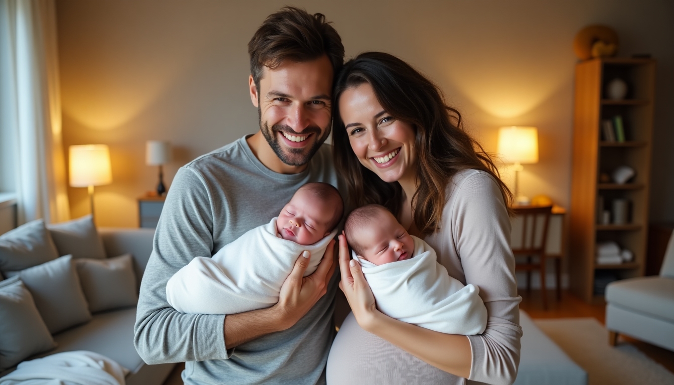 A happy couple affectionately holding twin babies, representing the joy after a successful IVF treatment.