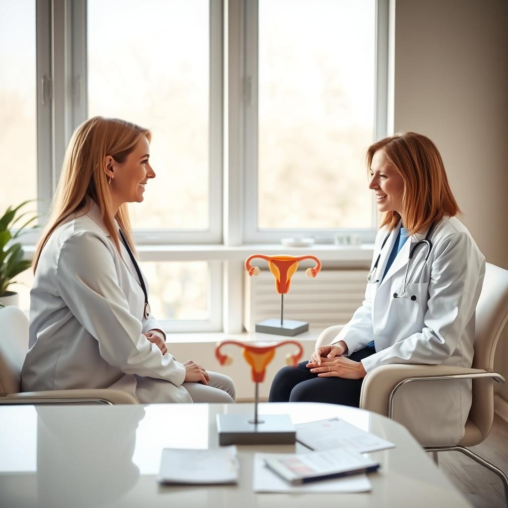 A female doctor and patient discussing egg freezing in a bright, modern fertility clinic consultation room.