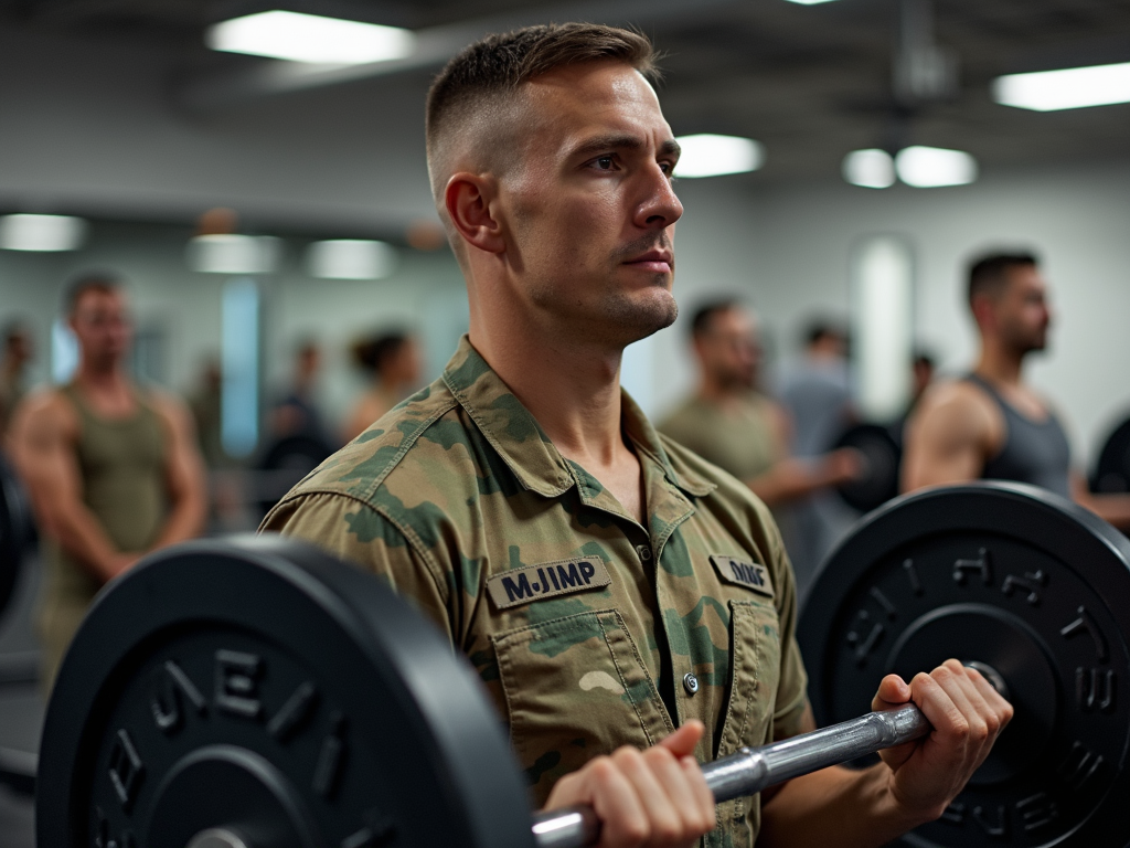 Soldier strength training in a military gym.