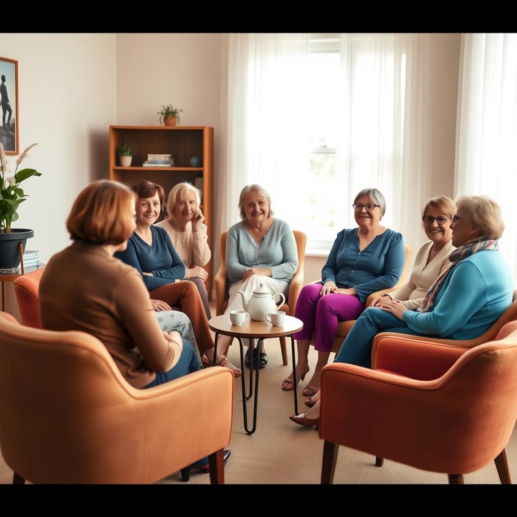 A group of women in a cozy support group meeting, sitting in a circle with tea on a table.