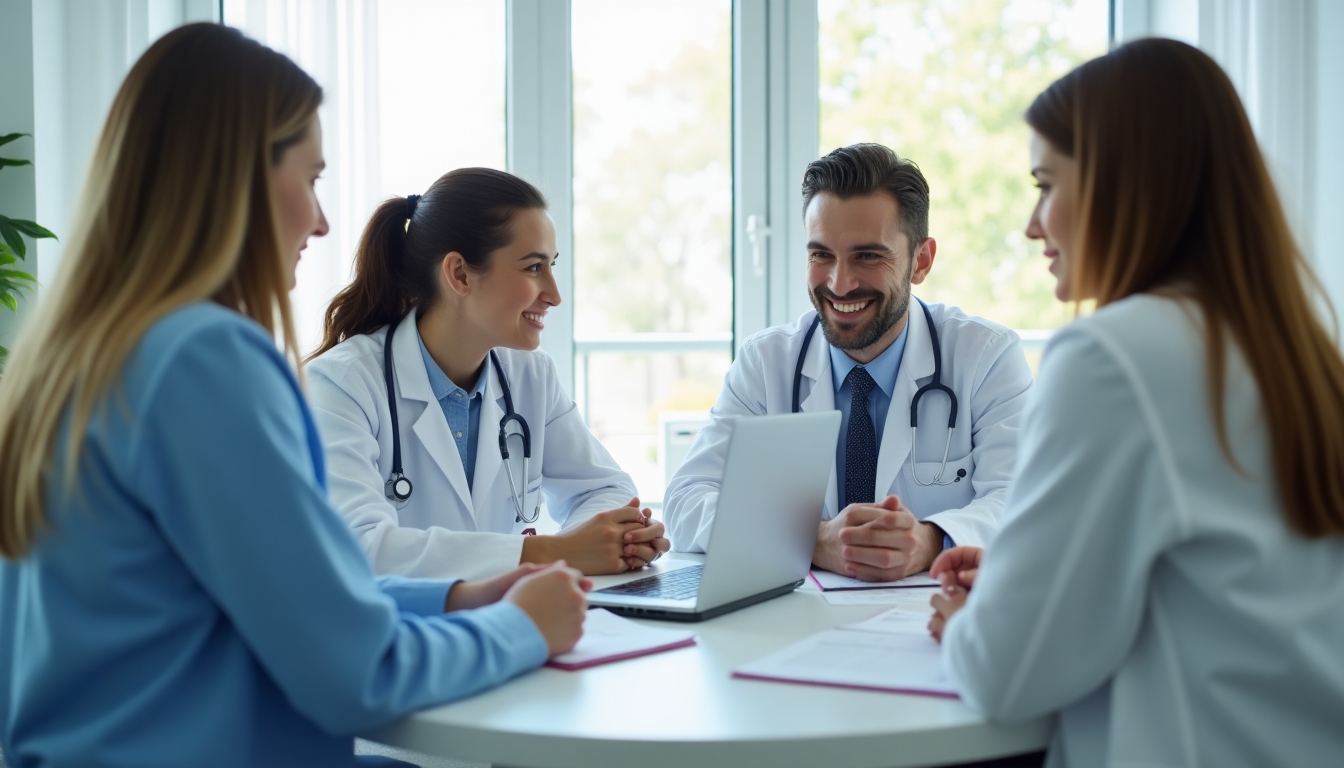 Experienced medical team reviewing patient files and discussing cases in a modern clinic.