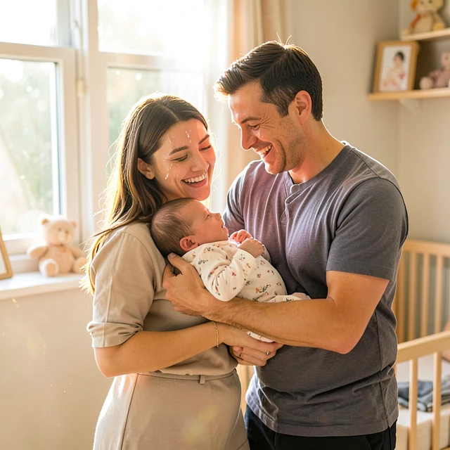 Happy couple holding their newborn baby after overcoming infertility challenges