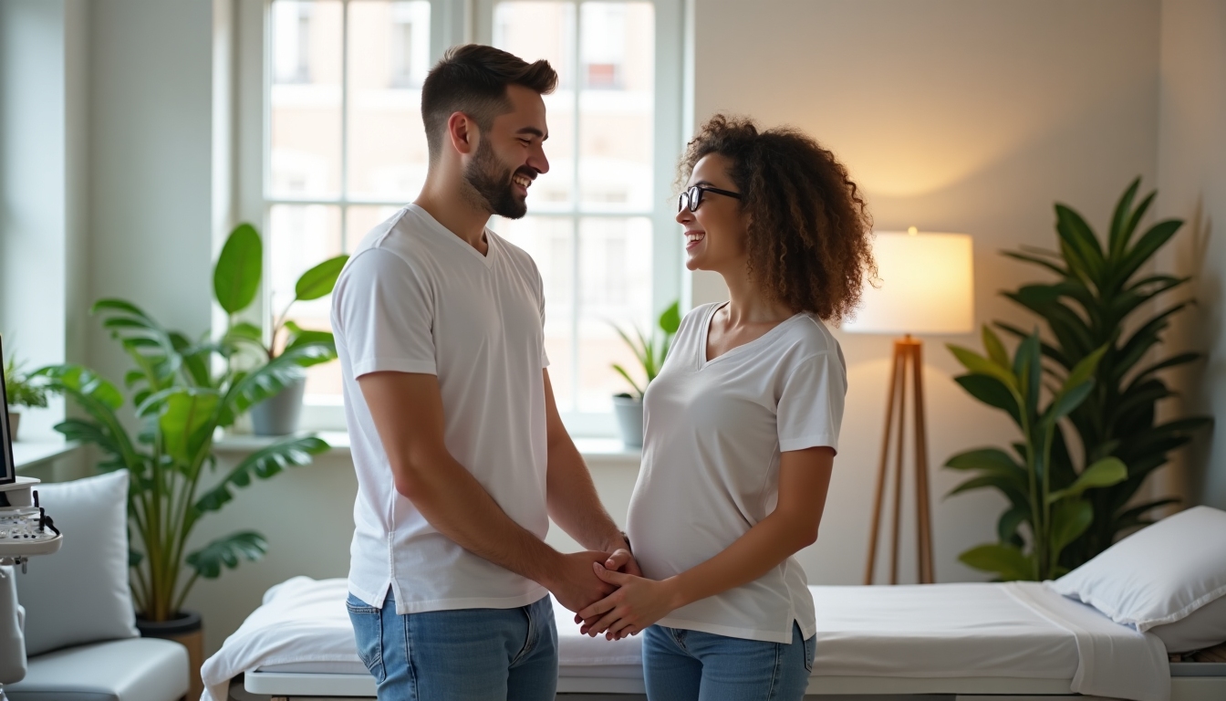 Smiling same-sex couple holding hands at a fertility clinic, looking hopeful.