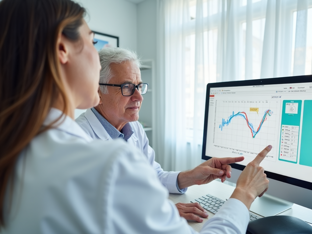 Fertility specialist discussing hormone level charts with a patient