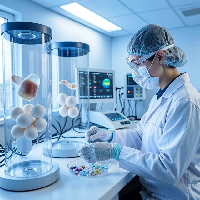 Modern fertility lab with cryopreservation tanks for egg and embryo freezing