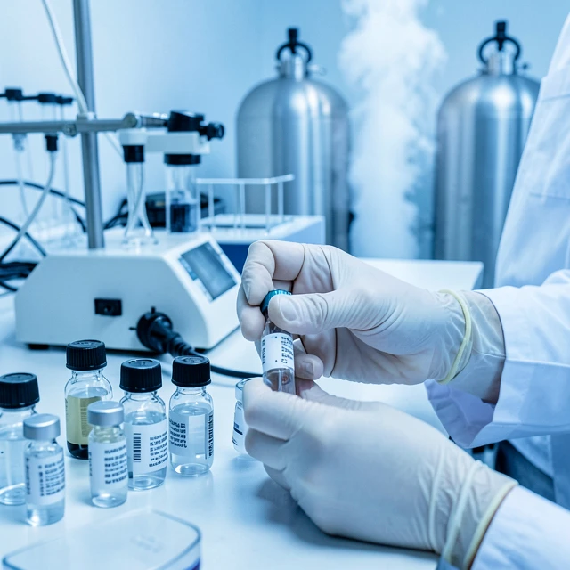 Sperm samples being prepared for cryopreservation in a fertility laboratory