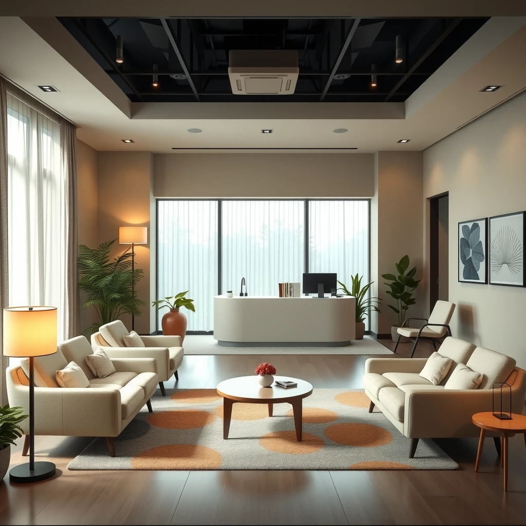 Modern fertility clinic waiting room with comfortable seating and welcoming atmosphere