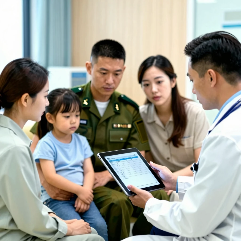 Military family discussing health plan with doctor at clinic
