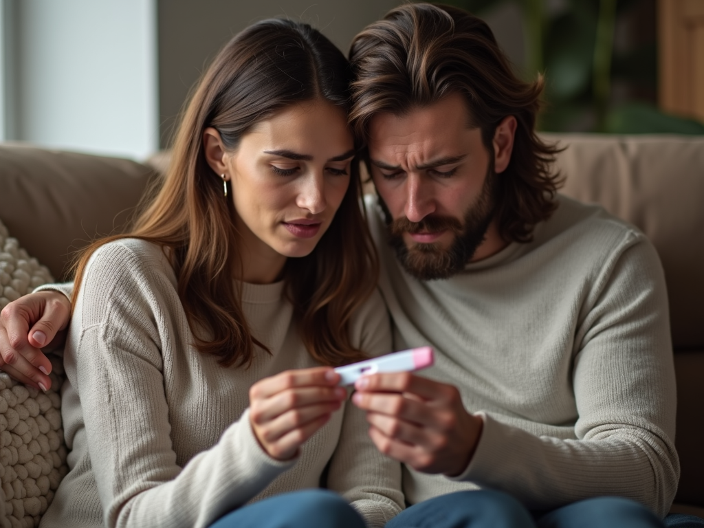 Couple looking at a pregnancy test with mixed emotions