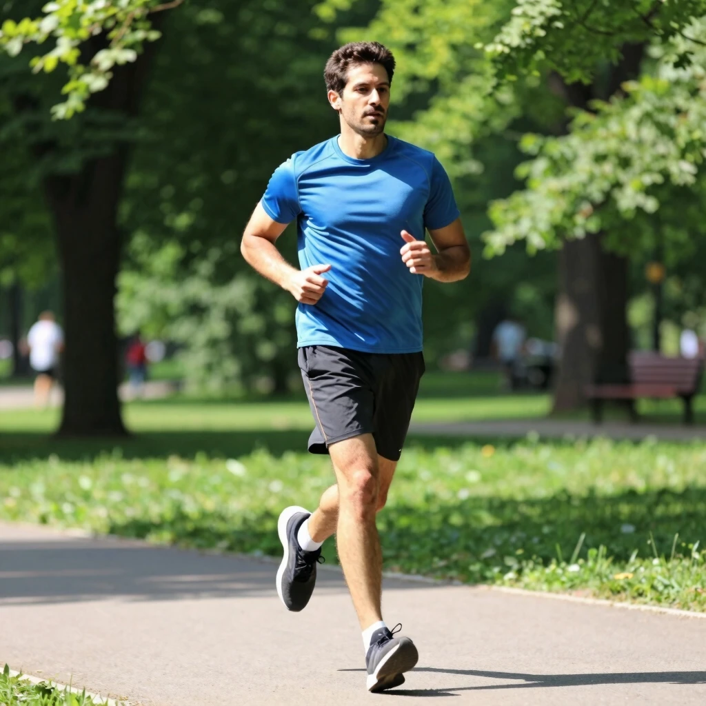 Man jogging energetically in a sunny park