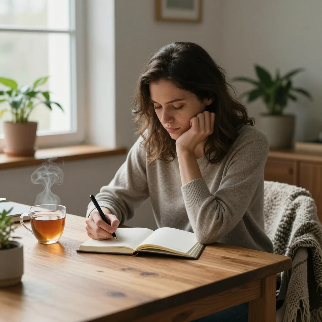 A person journaling with tea for self-reflection and coping