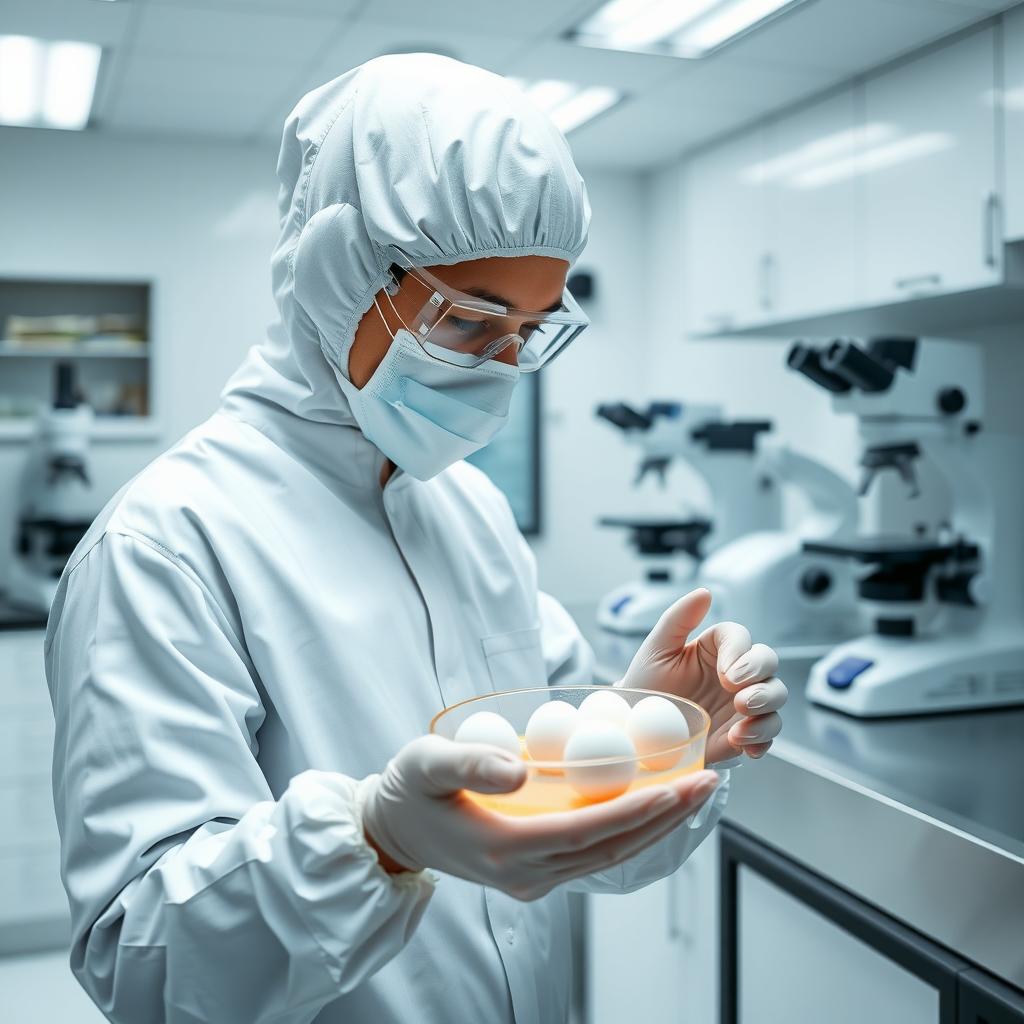 A laboratory technician handling eggs in a high-tech fertility preservation lab.