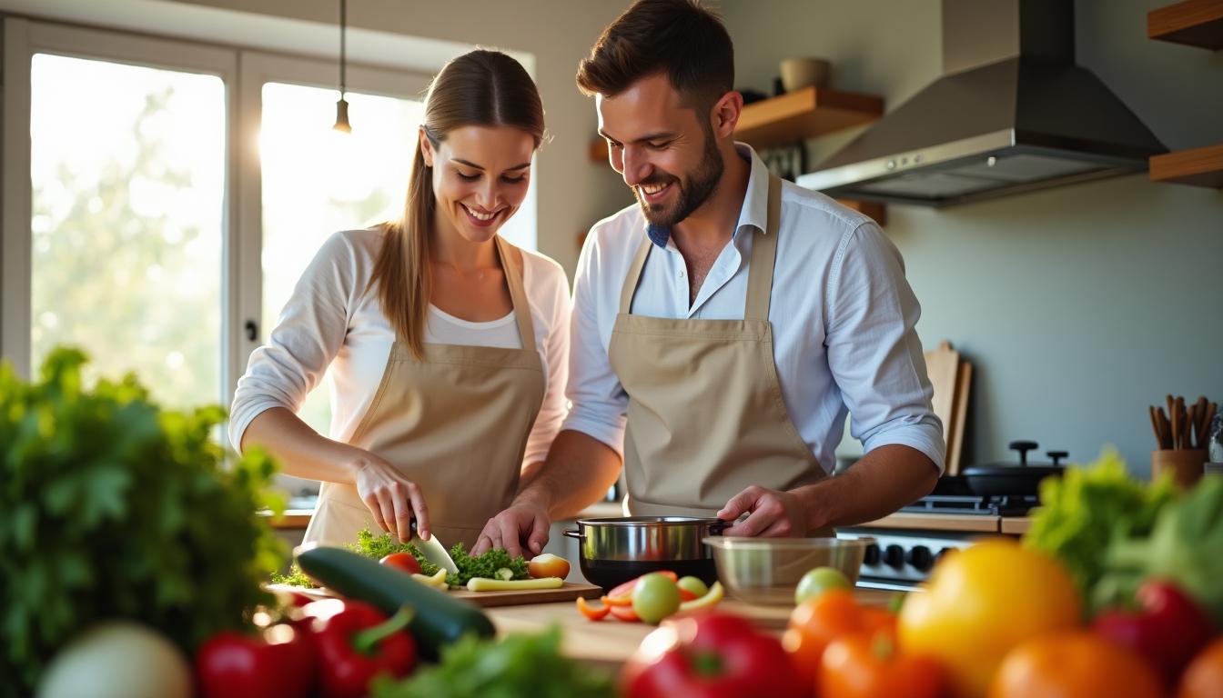 A smiling couple in their kitchen, cooking with organic vegetables.