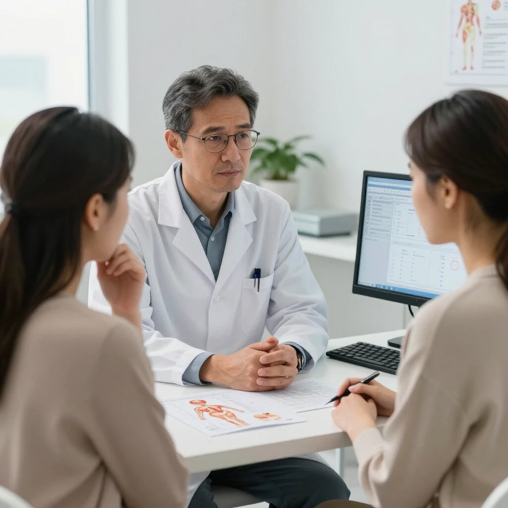 Doctor discussing azoospermia diagnosis with a couple in a fertility clinic