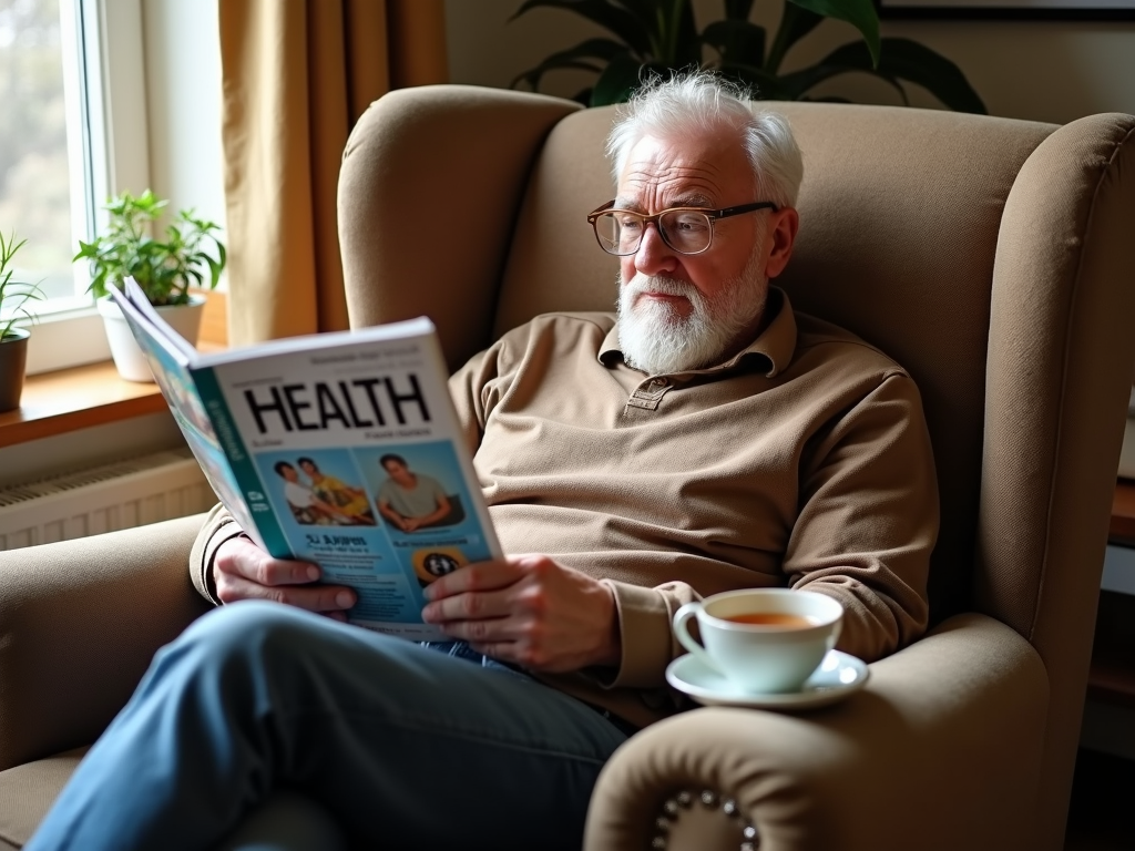 Senior reading about health solutions