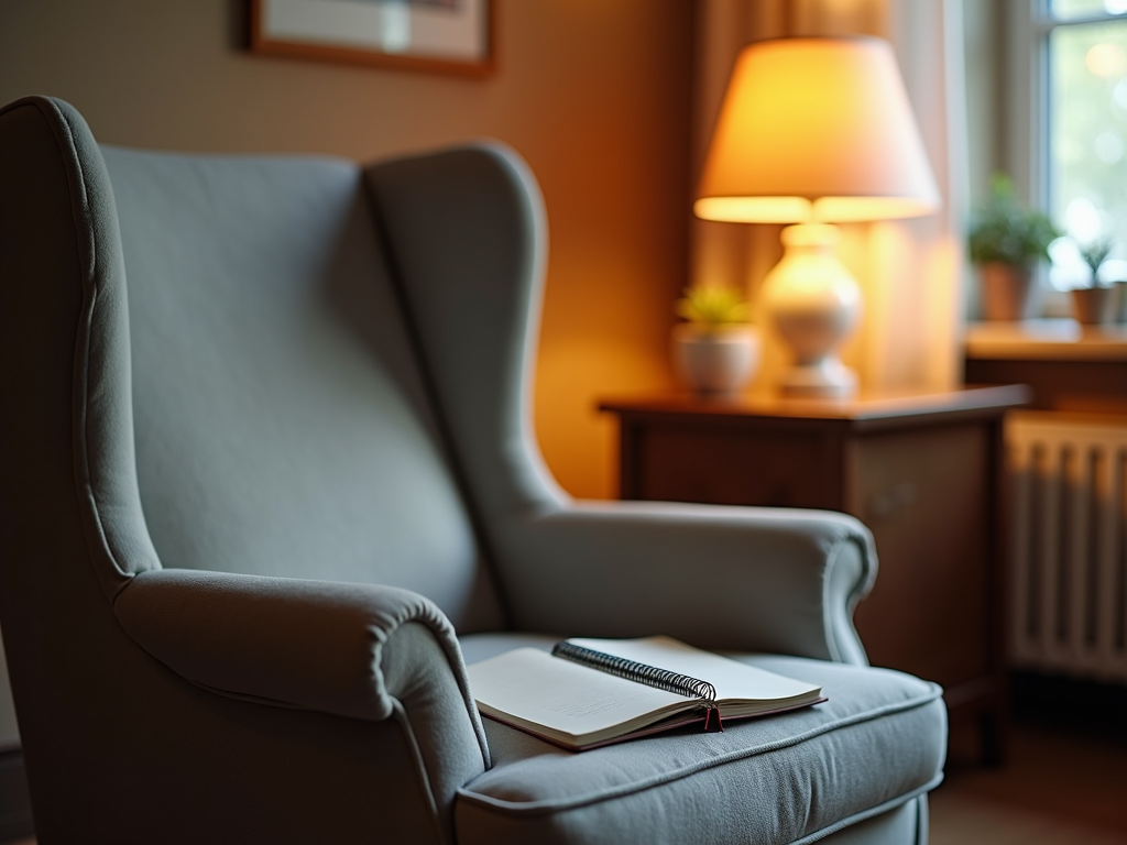 A cozy therapist’s office with warm lighting, inviting for emotional support and counseling.