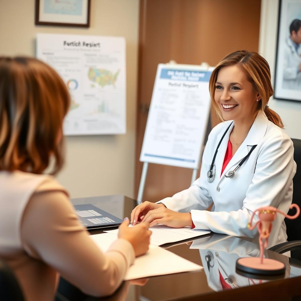 Female doctor explaining fertility treatments to a patient in a warm, inviting office.
