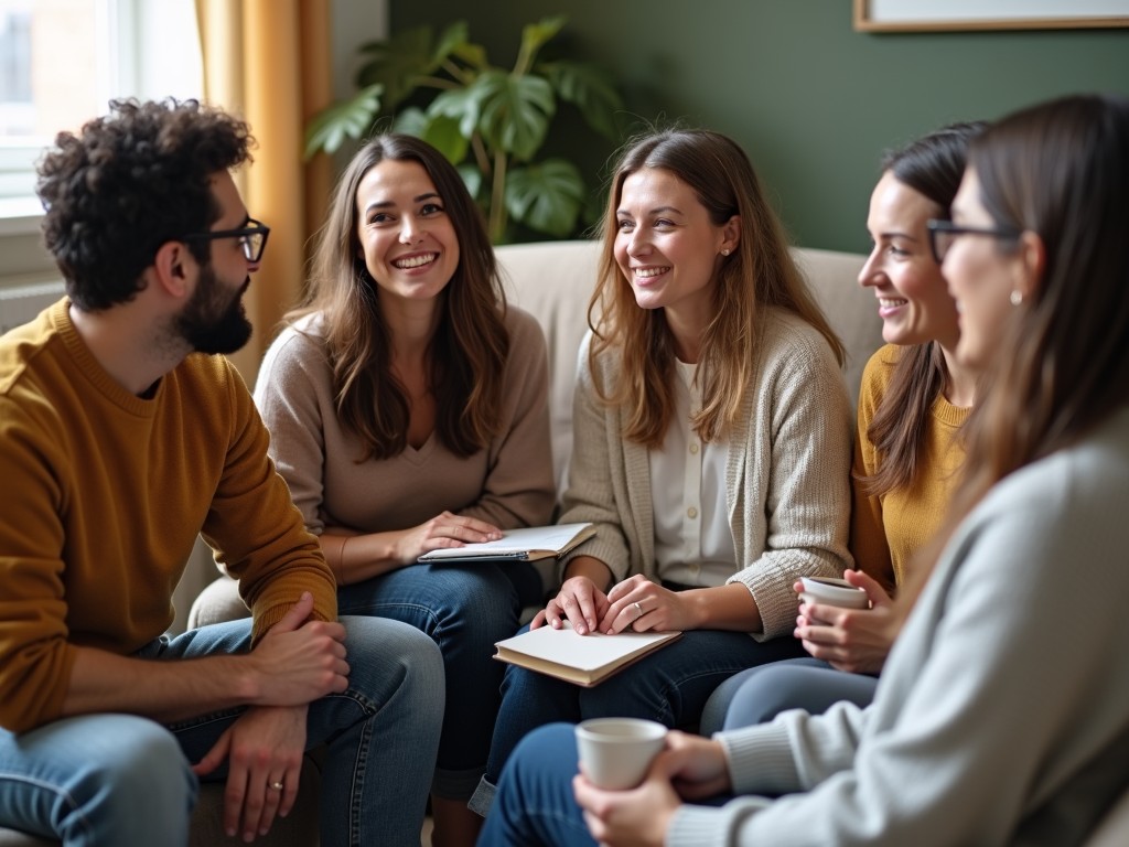 A supportive group setting discussing fertility experiences.