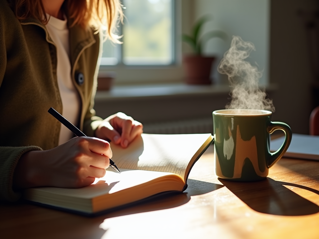 A person journaling at a desk, reflecting a personal coping strategy.