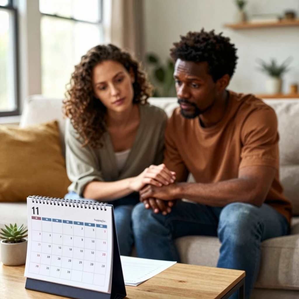 Couple thoughtfully planning their fertility journey at home