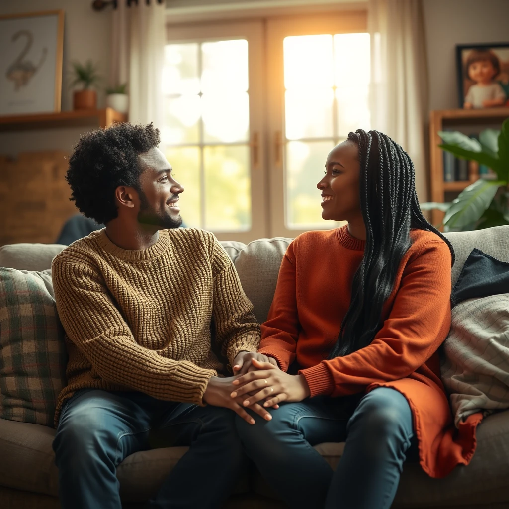 A supportive couple holding hands on a couch, sharing a moment of hope and connection