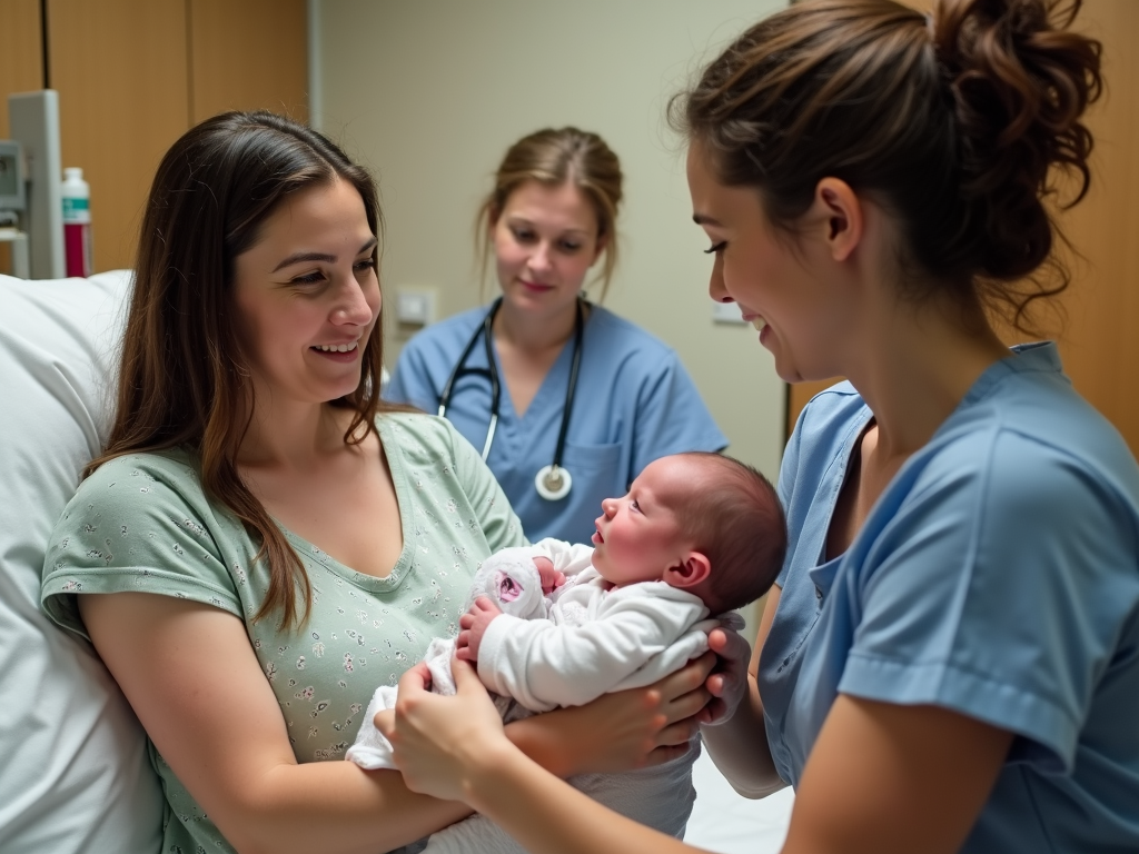 Surrogate giving baby to parents in hospital