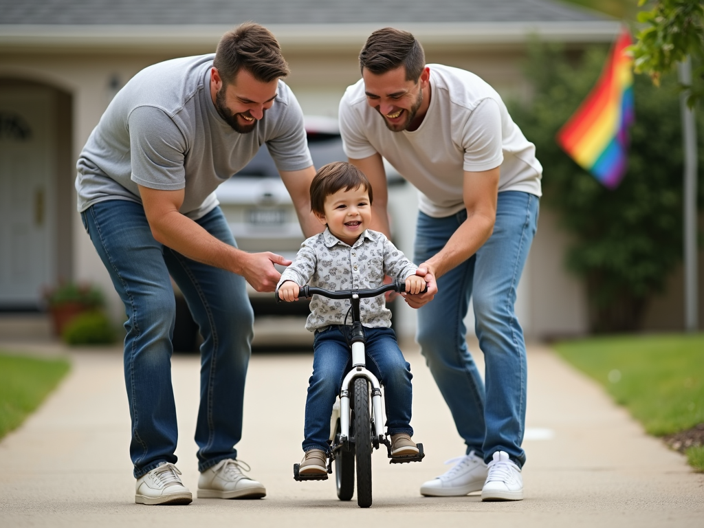 Two dads teaching their child to ride a bike.