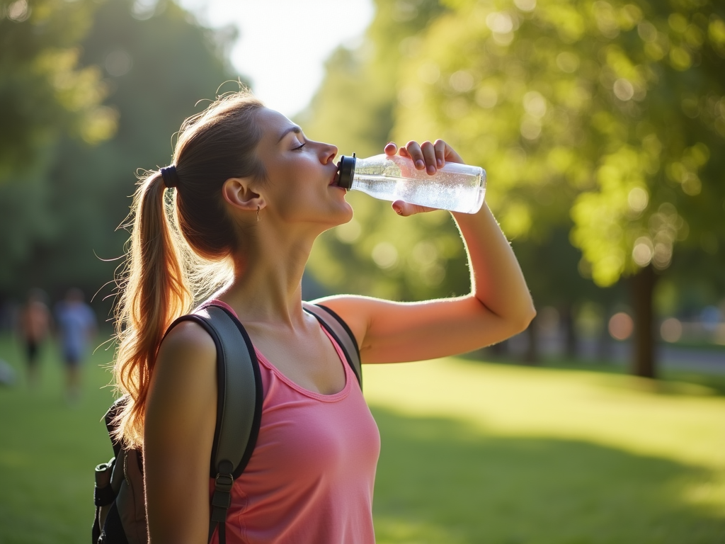 Person drinking water in a park