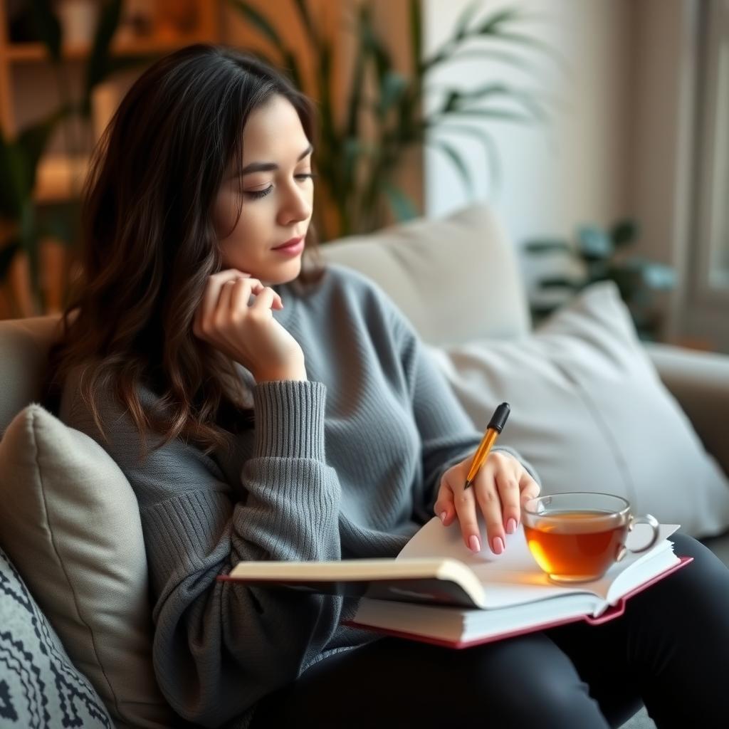 A woman journaling in a cozy living room, reflecting on her PCOS journey.