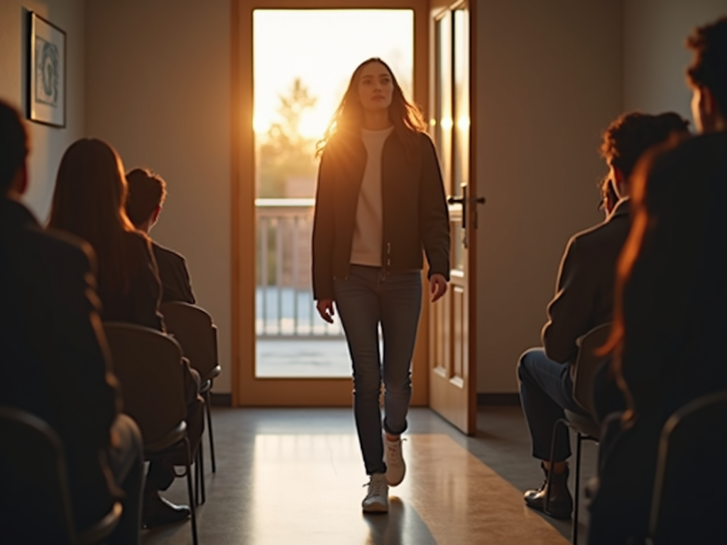 A person leaving a fertility clinic support group with hope and confidence under evening light.