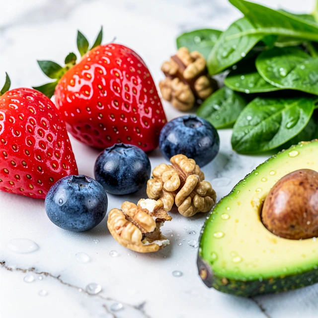Close-up of strawberries, blueberries, walnuts, spinach, and avocado highlighting their fresh textures and colors
