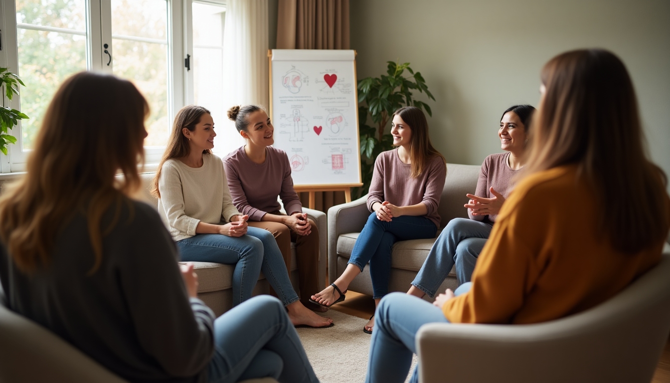 Group therapy session with individuals sharing their experiences about fertility preservation.