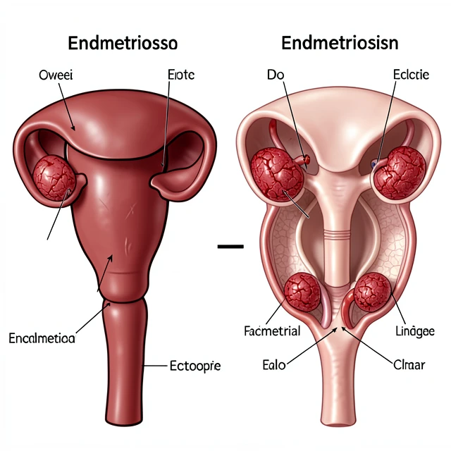 Illustration of endometriosis in the female reproductive system