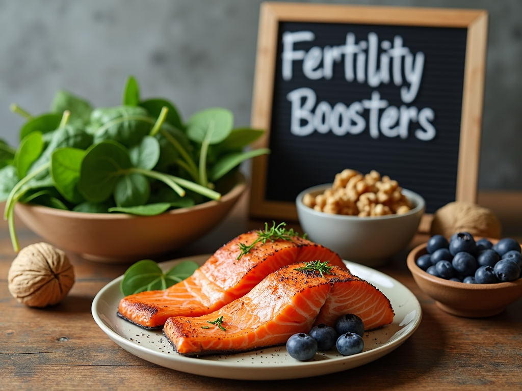A display of nutrient-rich foods to enhance fertility health.