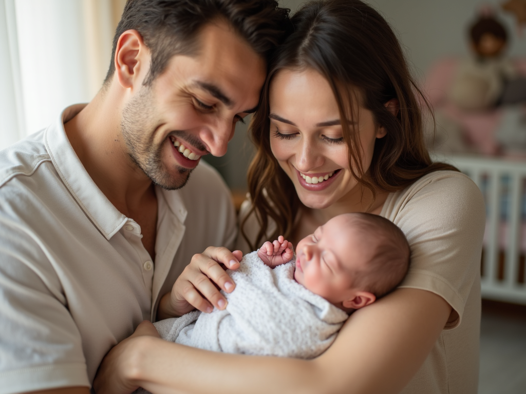 A happy family celebrating the birth of their child