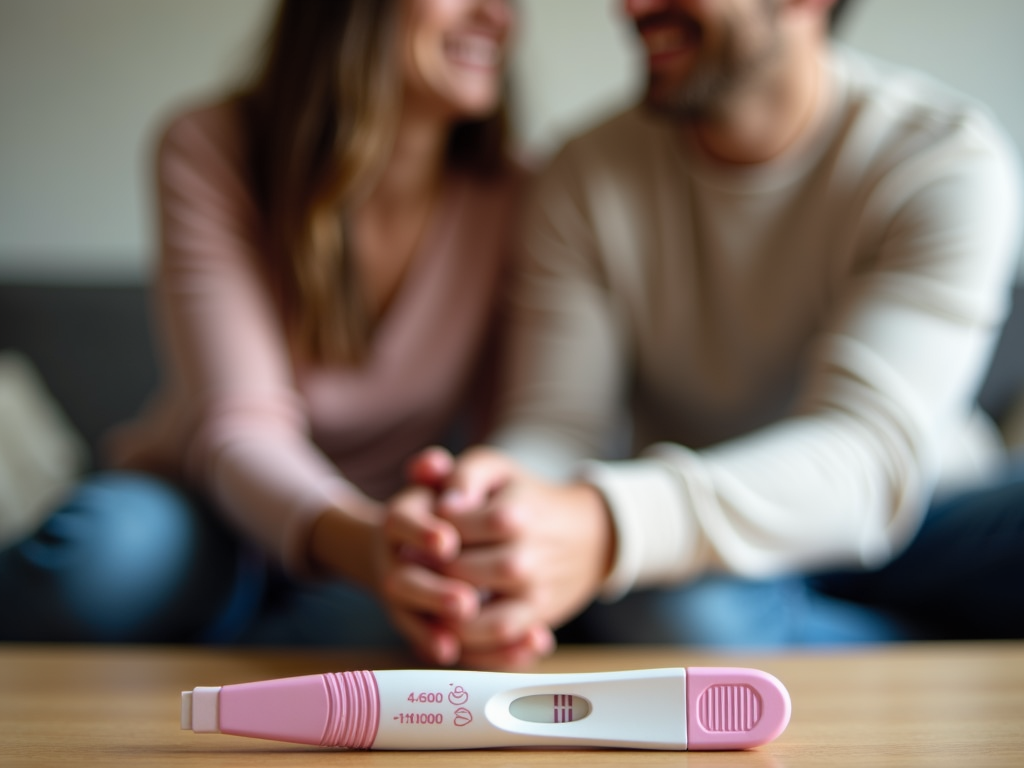 Couple celebrating pregnancy test result