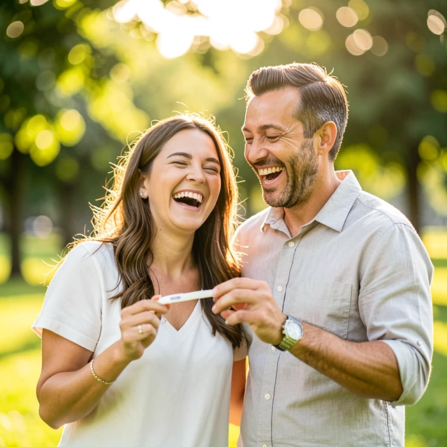 Happy couple celebrating positive fertility news in a park