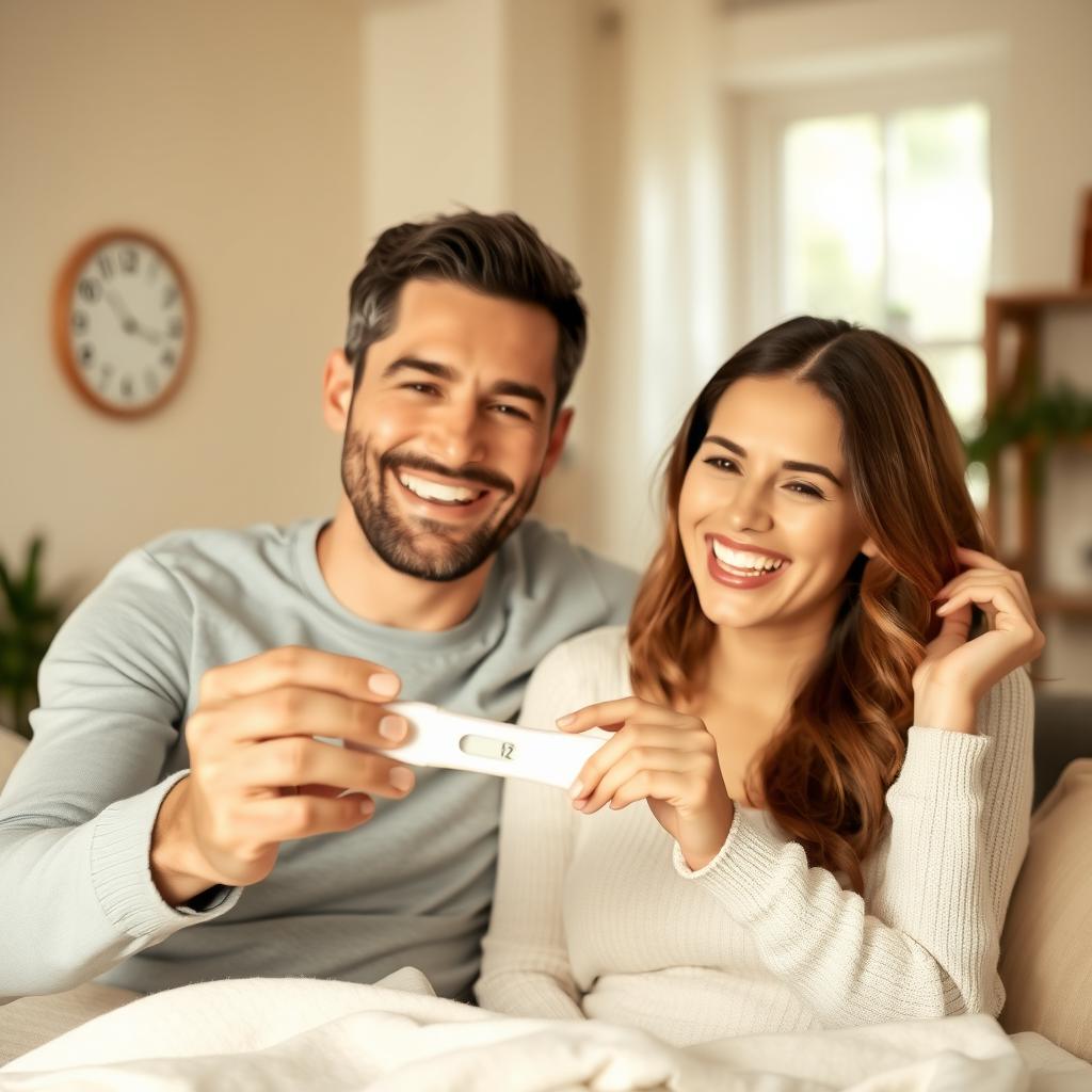 Couple smiling while holding a positive pregnancy test in a cozy home