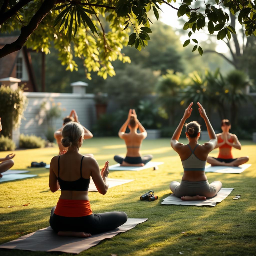 A small group practicing yoga outdoors on mats, surrounded by lush greenery in soft morning light.