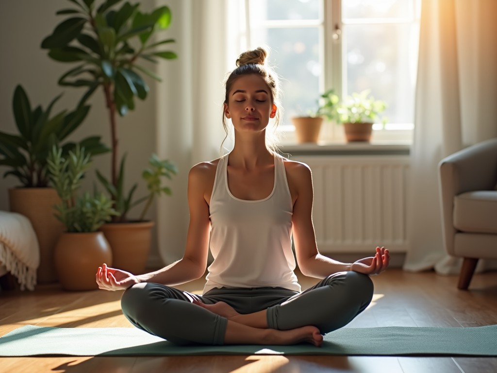 A person practicing meditation at home for relaxation and emotional balance.