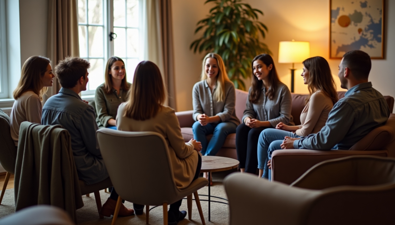 Support group session with military families sharing experiences in a cozy room.