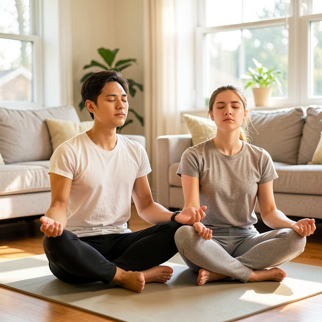 Couple practicing stress-reducing breathing exercises at home
