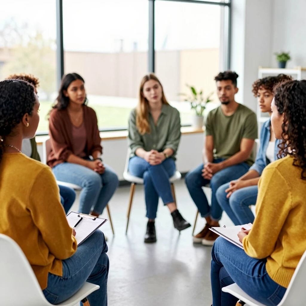 Support group of diverse young cancer survivors discussing fertility preservation options with a counselor