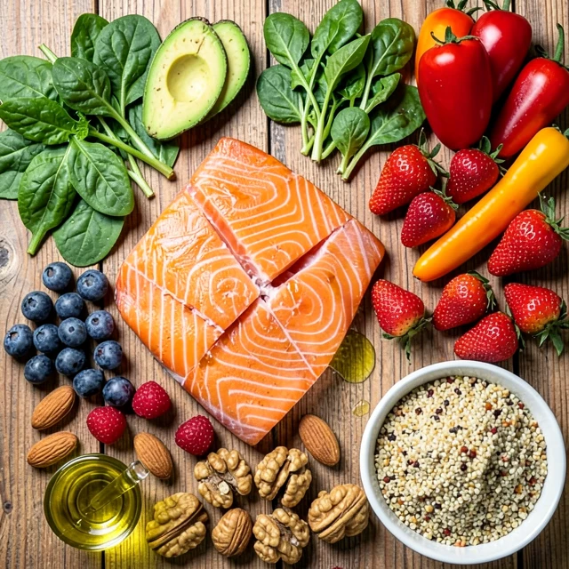 Plate of nutrient-rich foods that support fertility including salmon, avocado, nuts, berries, and greens